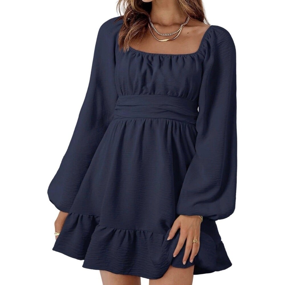 Womens Dokotoo XS Navy Chiffon Lantern Sleeve Lined Dress Open Tie Back